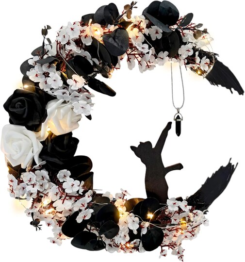 Greentek; Halloween Wreath for Front Door, Flower Moon Cat Spooky Autumn Wreath, 13.7 x 9.8 Inch Handmade Halloween Home Door Wall Decoration for Indoor Outdoor Seasonal Decor; Category:Halloween Wreaths & Garlands; Image:1
